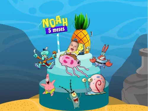 Topo de Bolo Bob Esponja + 20 Toppers com Fotos Rostinhos