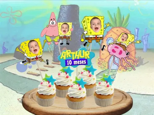 Topo de Bolo Bob Esponja + 20 Toppers com Fotos Rostinhos