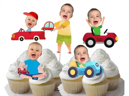 Topo de Bolo Carrinho com Sua Foto + 20 Toppers Doces