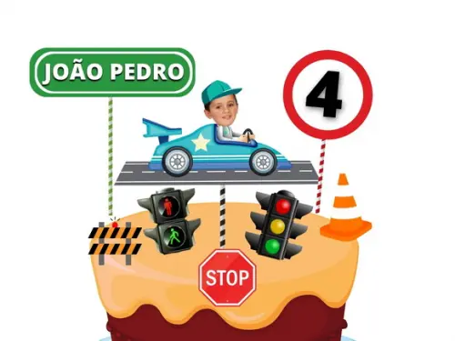 Topo de Bolo Carrinho com Sua Foto + 20 Toppers Doces