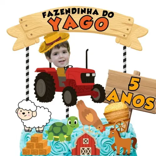 Topo de Bolo com Sua Foto Fazendinha Menino 1