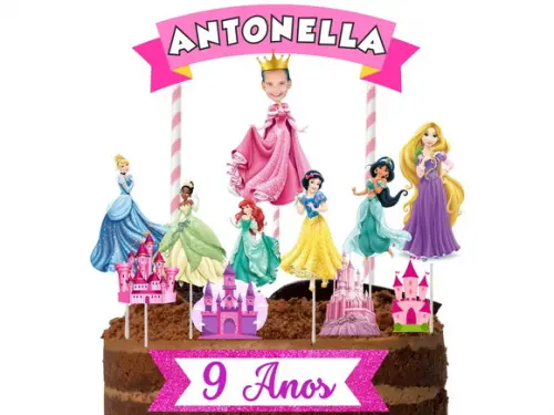 Topo de Bolo com Sua Foto Princesas + 10 Toppers Rostinho.