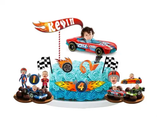 Topo de Bolo Hot Wheels + 20 Toppers para Docinhos com Foto