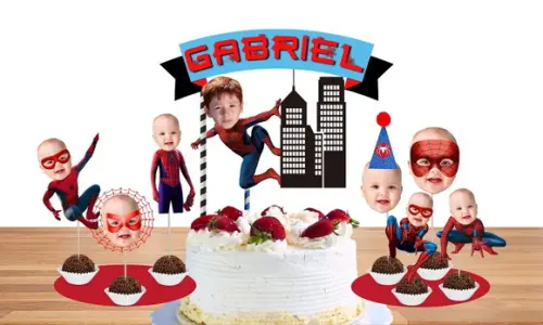 Topo de Bolo Homem Aranha + 20 Toppers com Fotos