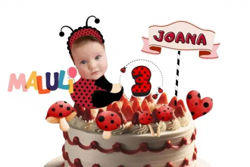 Topo de Bolo Joaninha com Foto do Aniversariante