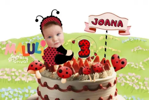 Topo de Bolo Joaninha com Foto do Aniversariante