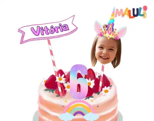 Topo de Bolo Personalizado Unicórnio + 20 Tags para Docinhos
