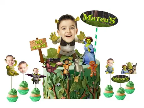 Topo de Bolo Shrek + 20 Toppers para Doces com Fotos