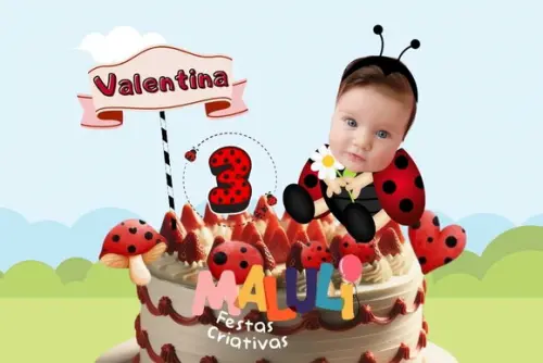 Topo para Bolo Joaninha com Foto do Aniversariante