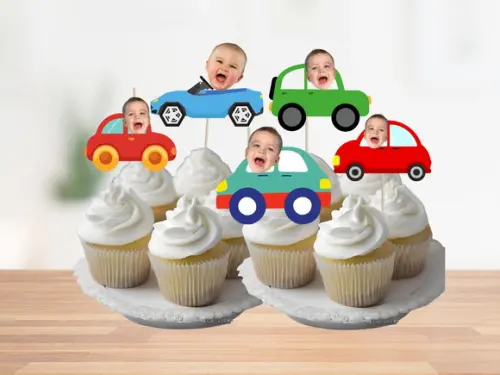 Toppers Carrinho com Foto para Doces. Tags com Rostinhos.