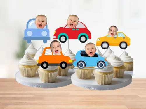 Toppers Carrinho com Foto para Doces. Tags com Rostinhos.