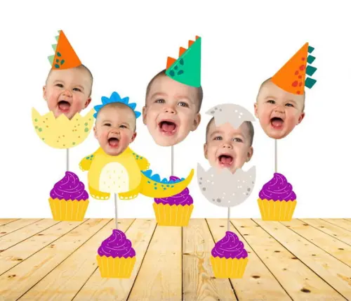 Toppers Dino Baby com Sua Foto para Docinhos- 10 Modelos