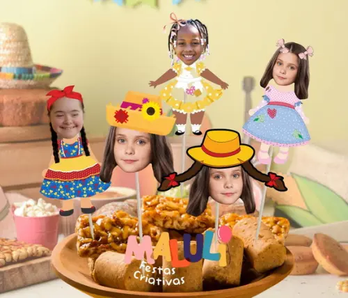 Toppers Festa Junina Meninas para Doces. Tags com Rostinhos.