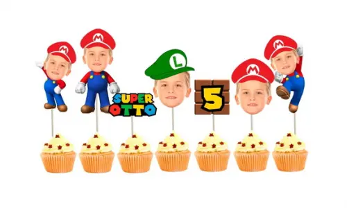 Toppers Mario Bros com Sua Foto para Docinhos Super Mario