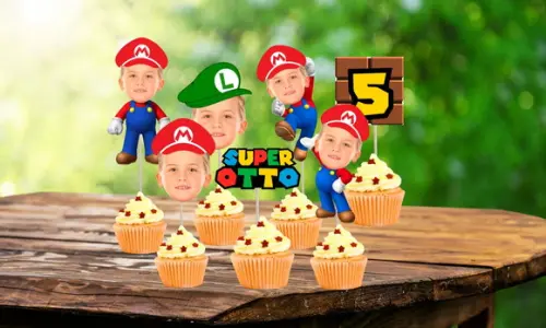 Toppers Mario Bros com Sua Foto para Docinhos Super Mario
