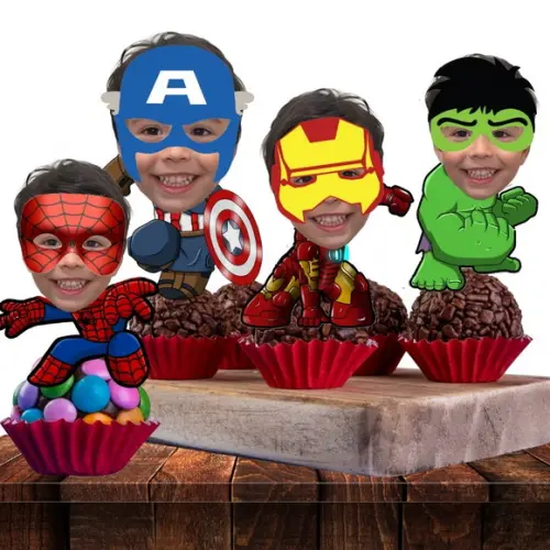 Toppers Super-heróis com Foto para Docinhos, Petiscos e Cupc