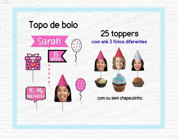 Kit Topo de Bolo Rostinho Masculino e 25 Toppers Foto Rosto