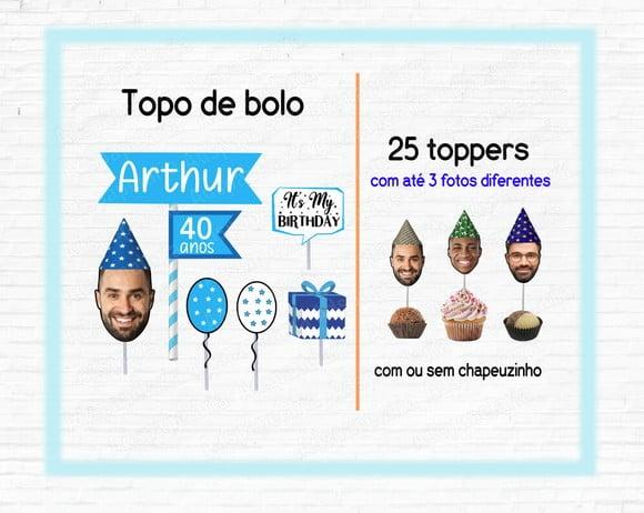 Kit Topo de Bolo com foto de Rosto e 25 Toppers Azul