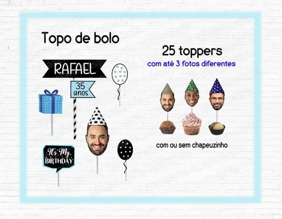 Kit Topo de Bolo Rostinho Masculino e 25 Toppers Foto Rosto