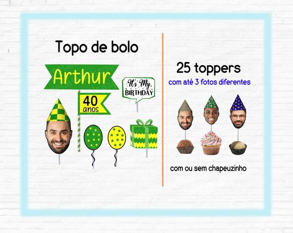 Kit Topo de Bolo com foto de Rosto e 25 Toppers Verde e Amarelo