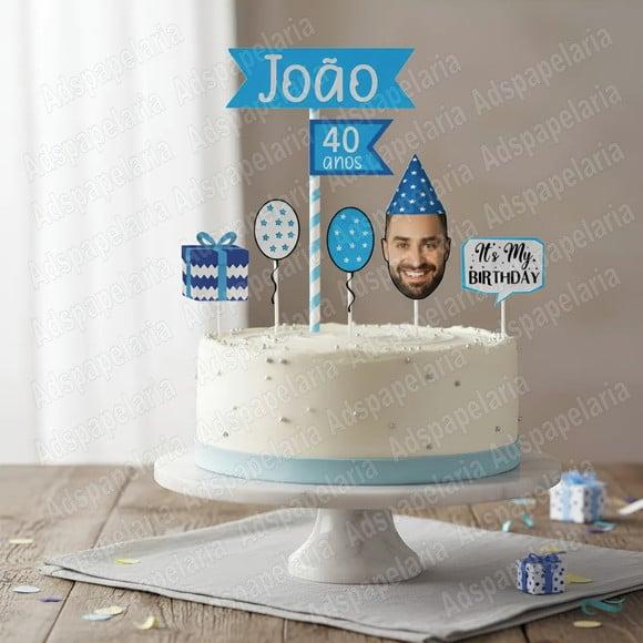 Topo de Bolo Rostinho Masculino Topper Cor Azul Festa Homem