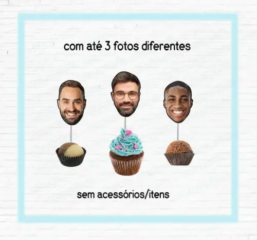 Kit 30 Topper com Foto de Rostinho Masculino - até 3 Fotos