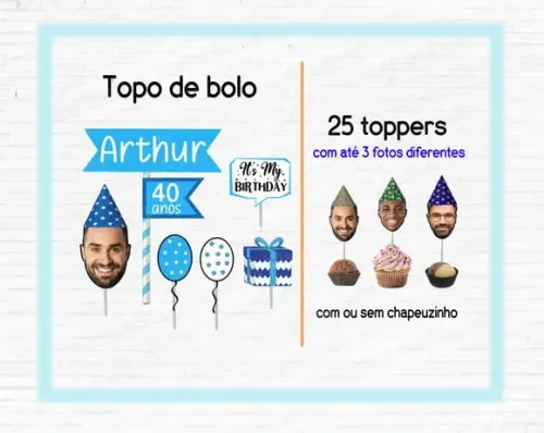 Kit Topo de Bolo com foto de Rosto e 25 Toppers Azul