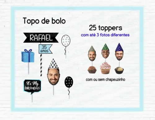 Kit Topo de Bolo Rostinho Masculino e 25 Toppers Foto Rosto