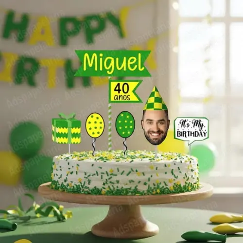 Topo de Bolo Rostinho Masculino Topper Homem Verde e Amarelo
