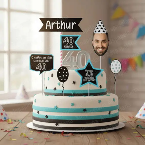 Topo de Bolo Masculino 40 Anos - festa 40 anos - topper 40 anos
