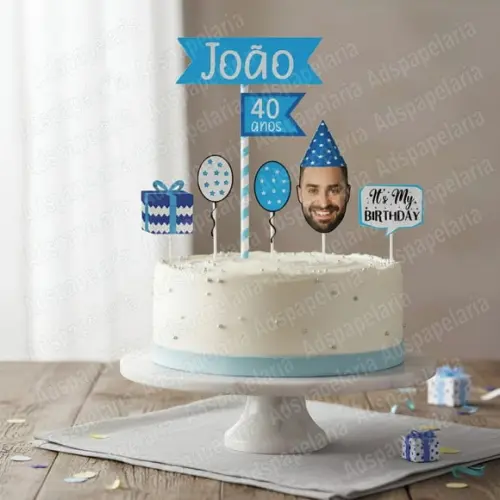 Topo de Bolo Rostinho Masculino Topper Cor Azul Festa Homem
