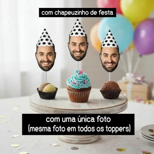 Topper com Foto Rostinho Masculino e Chapeuzinho de Festa