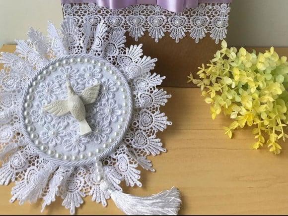 Kit 10 Mandalas Espírito Santo 10cm Renda + 1 Caixinha mdf