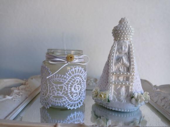 Kit Nossa Sra Aparecida + Vela Vidro Decorado Renda