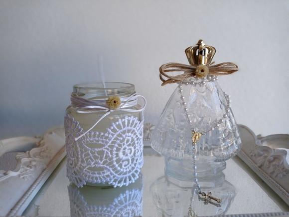Kit Nossa Sra Aparecida + Vela Vidro Decorado Renda