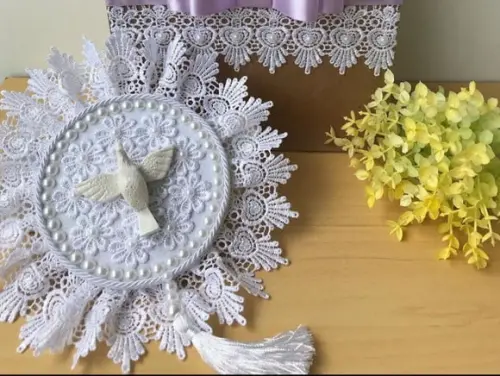 Kit 10 Mandalas Espírito Santo 10cm Renda + 1 Caixinha mdf