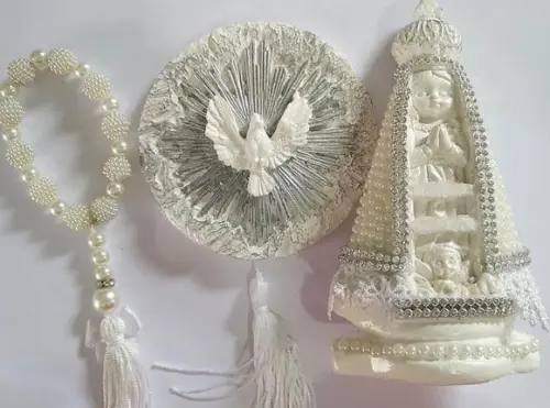 Kit Nossa Sra Aparecida + medalhão + tercinho em pérolas