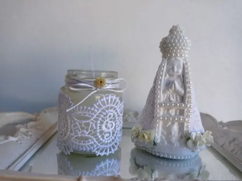 Kit Nossa Sra Aparecida + Vela Vidro Decorado Renda