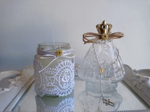 Kit Nossa Sra Aparecida + Vela Vidro Decorado Renda