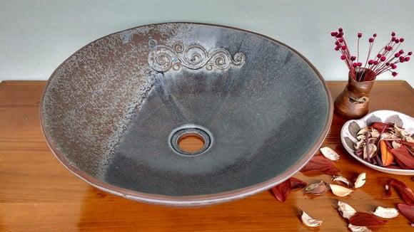 Cuba de Apoio Textura com Relevos, Cerâmica Artesanal 36cm