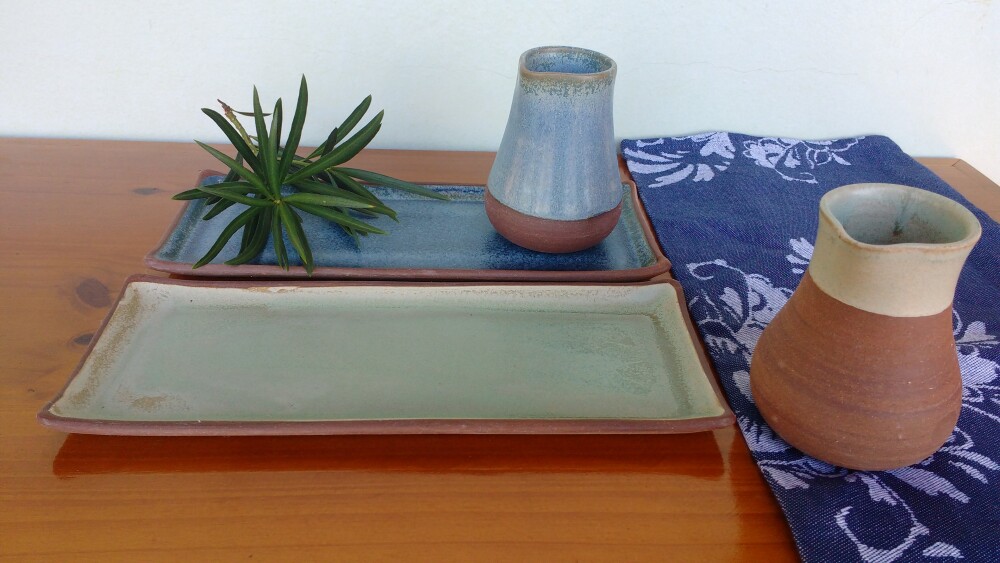 Bandeja de Apoio Retângulo Verde ou Azul Cerâmica Artesanal