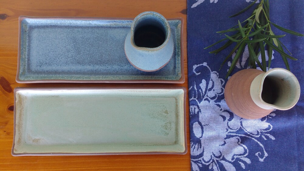 Bandeja de Apoio Retângulo Verde ou Azul Cerâmica Artesanal