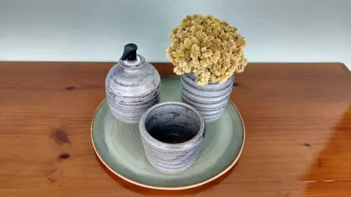 Kit para Lavabo Redondo Cinza em Cerâmica Artesanal 4 Peças