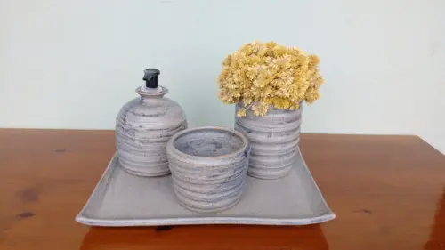 Kit para Lavabo Retângulo Cinza Cerâmica Artesanal 4 Peças