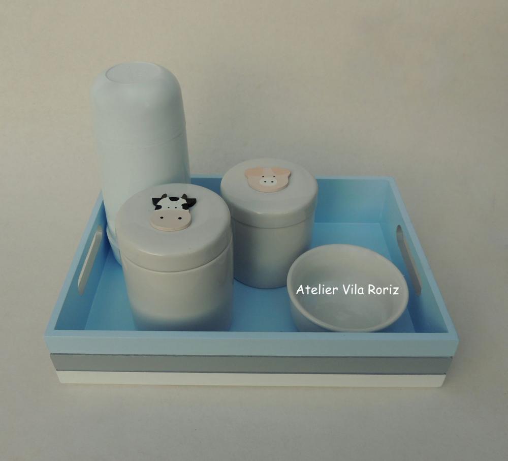 Kit Higiene Bandeja P 3 cores Fazendinha 4 Peças A