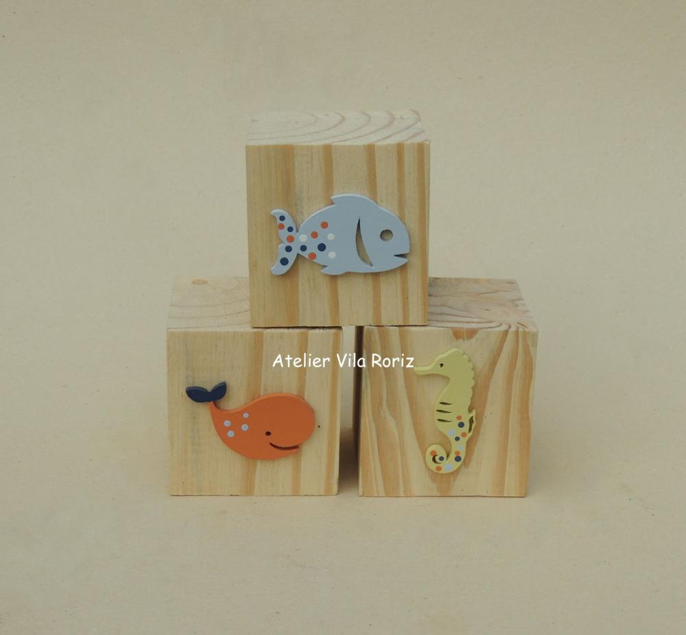 Adorno Trio Cubos Pinus Fundo do Mar