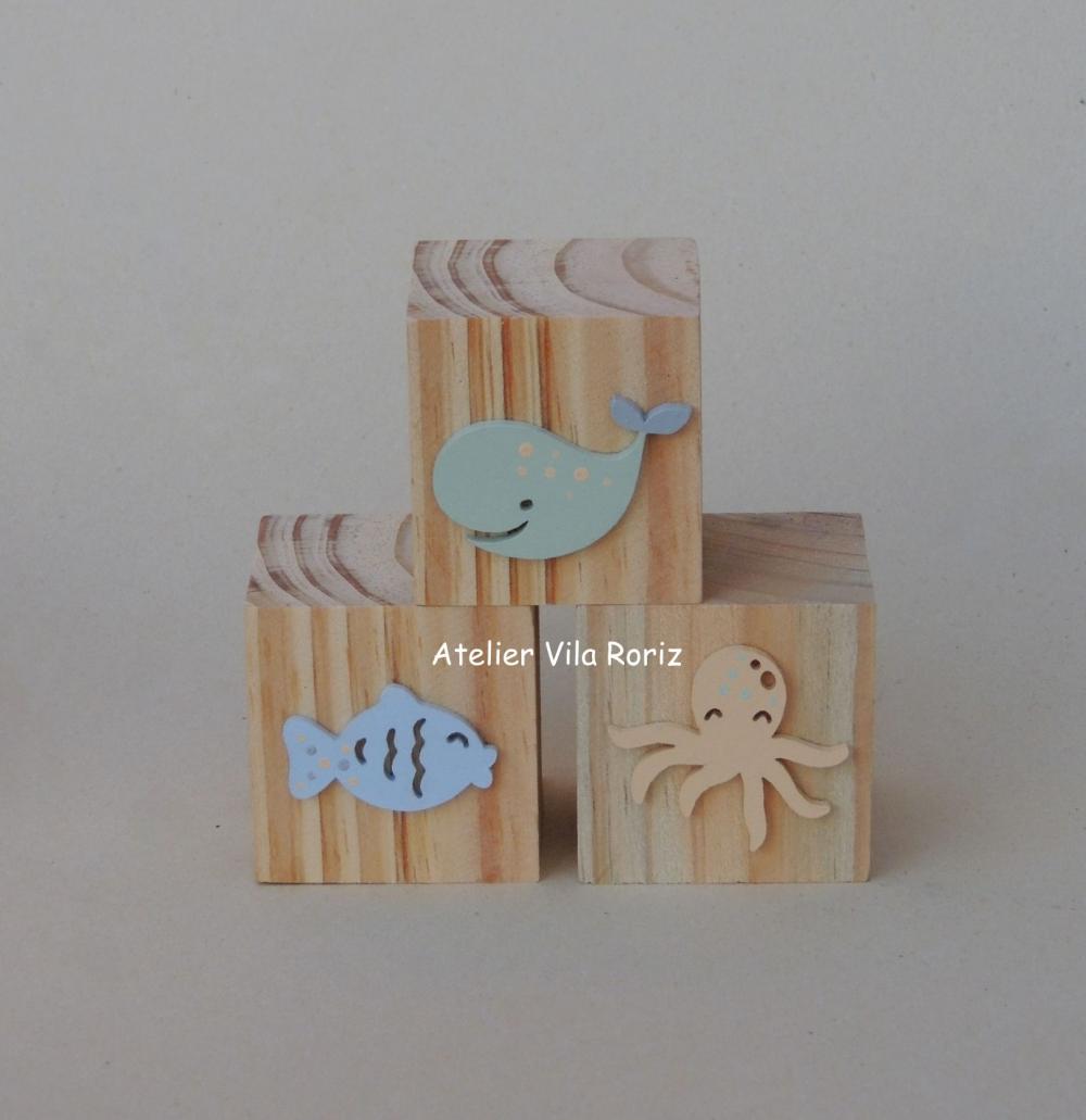 Adorno Trio Cubos Pinus Fundo do Mar