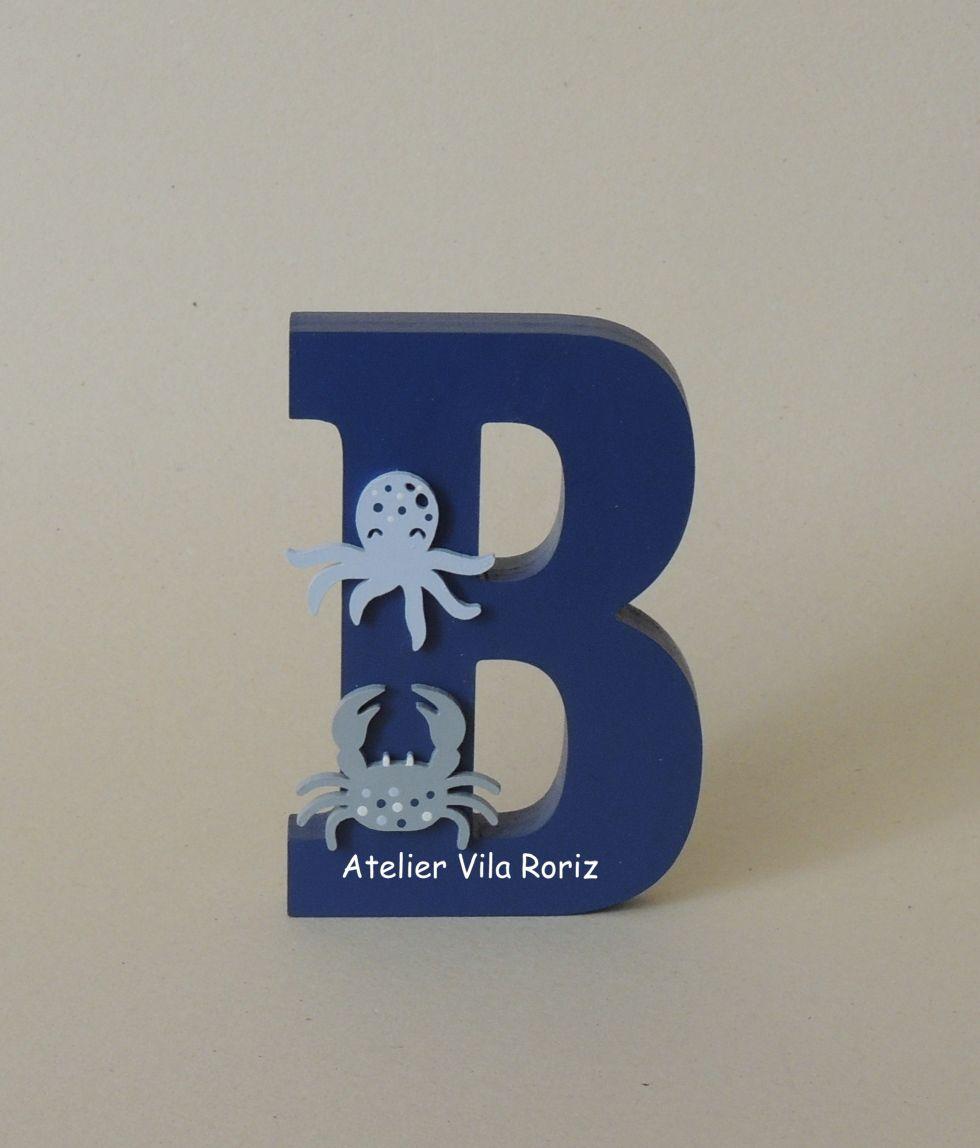 Letra inicial Madeira 15 cm Animais Marinhos Azul