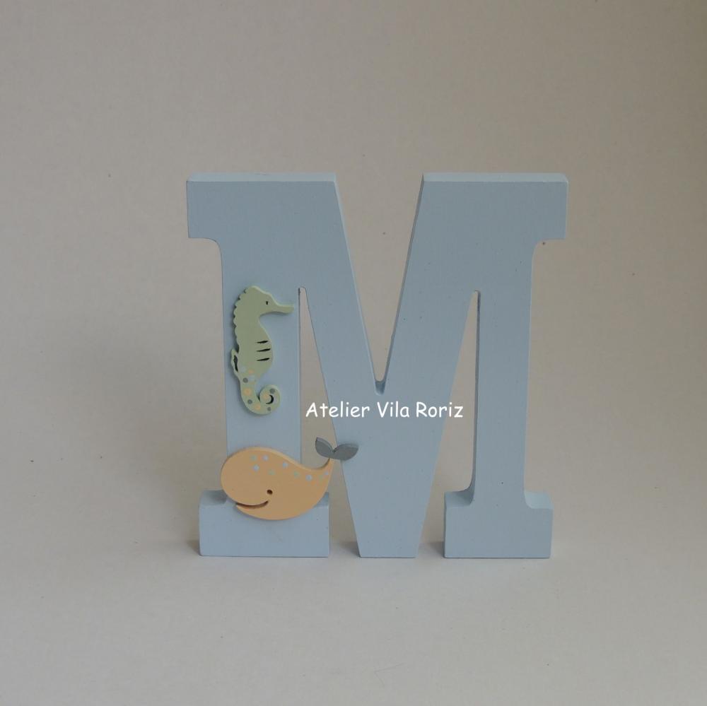 Letra inicial Madeira 15 cm Animais Marinhos Azul