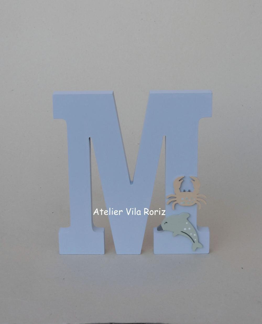 Letra inicial Madeira 15 cm Animais Marinhos Azul